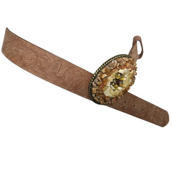 Express Brown Floral Tooled Leather Belt w Stone & Rock Buckle  Size S  Artisan - Picture 4 of 14